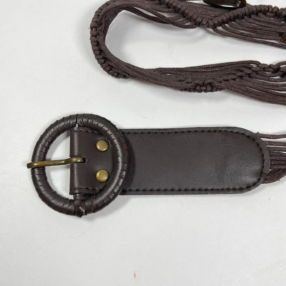 Vintage Macrame Wood Bead Woven Waist Belt Women L Brown Faux Leather Boho Cinch